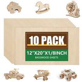 10 Pack Basswood Sheets 1/8x12x20 Inch, Unfinished Wood for Crafts, 3mm Basswood for Laser Cutting & Engraving, Wood Burining,Architectural Models, Wood Board for Painting.
