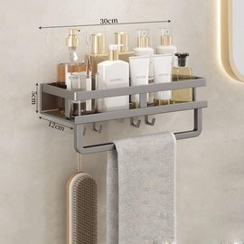Jaugufiy Bathroom Toiletries Wall Organizer Toiletries Wall Shelf with Towel Rack for Bathroom (Grey)