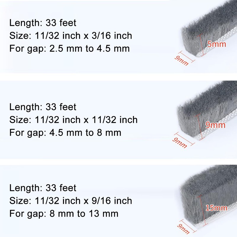 33FT Weather Stripping Brush for Windows/Doors Frame, Self Adhesive Seal