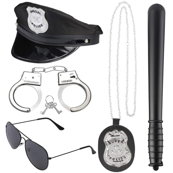 Beelittle Police Costume Accessories Hat Handcuffs Policeman Badge Cop Swat FBI Cosplay (Black 3)