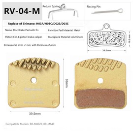 Bike Brake Pads with Cooling Fin, Bicycle Brake Pads for SHIMANO DEORE XT M8020 / ZEE M640, 2pair (Metal)