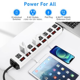 8 Outlet Metal Power Strip with Individual Switches,Heavy Duty Appliance Power Strip with Flat Plug,1200J Surge Protector,6FT Extension Cord 15A 120V 1800W for Home Office School Shop Industrial