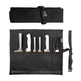 Under NY Sky Knife Roll Case - 6 Slots - Heavy Duty Oxford Canvas Pouch - Leather Reinforced - Portable Bag for Cooking Tools, Utensils, Cutlery Knives, Brushes - Chefs, Kitchen, Travel, Gift - Black