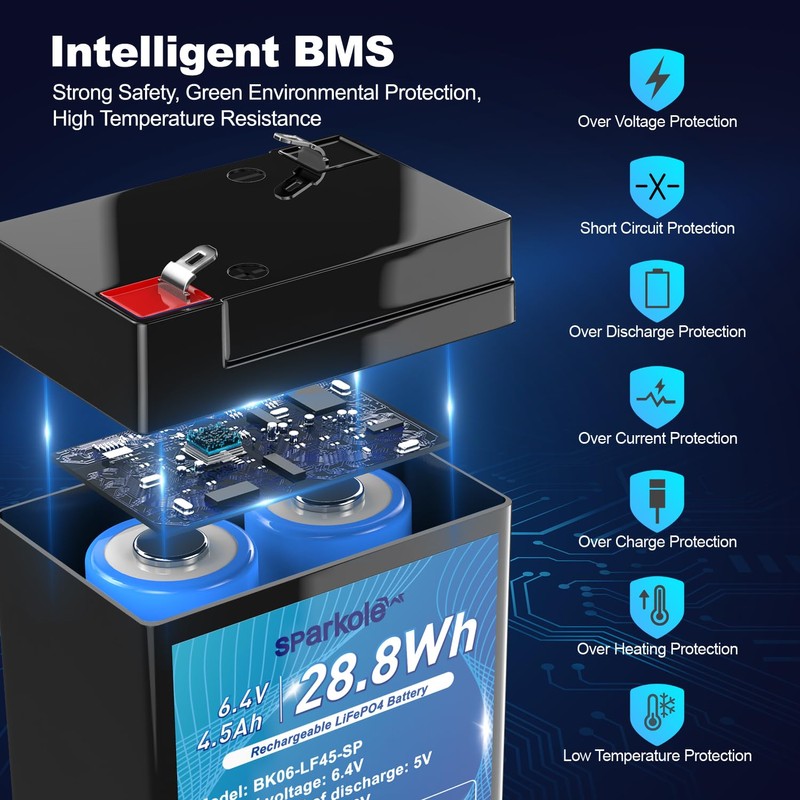 6V 4.5Ah LiFePO4 Battery, Intelligent BMS Rechargeable Lithium Iron Phosphate