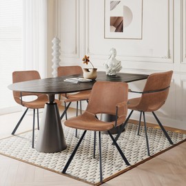 Aivermeil Brown Leather Dining Chairs Set of 2, Mid-Century Modern Dining Room Chair with Soft Cushions, Kitchen Chairs with Metal Legs for Kitchen, Living Room