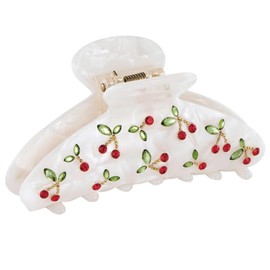 FENGCHUANG Claw Clips for Women 3.5'' Medium Claw Clips White Cherry Hair Clip with Red Rhinestones Non-Slip Hair Jaw Clips for Thick Fine Hair