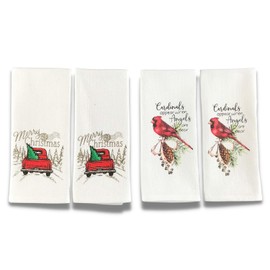 Christmas Kitchen Hand Towels: Thinking of You Sentiments, Country Truck Cardinal Prints on Herringbone Cotton Weave with Easy Hang Fabric Loops (Postal Sentiments)