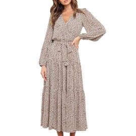 PRETTYGARDEN Womens Spring Long Sleeve Wrap V Neck Ruffle Floral Maxi Dress Casual Tie Waist Boho Chiffon Flowy Long Dresses(Apricot,Large)