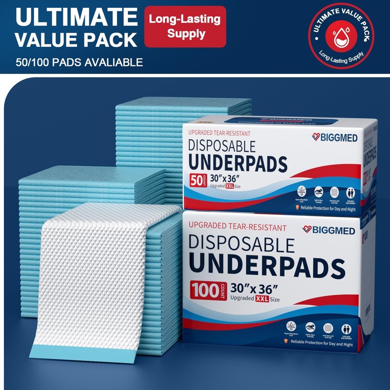 Tear-Resistant Disposable Bed Pads 36" x 30" 50 Count Absorbent