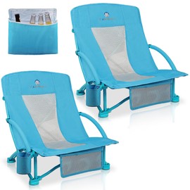 Beach Chairs for Adults 2 Pack,Heavy Duty Folding Low Back Camping Chairs w/Cooler Bag,Mesh Back,Cup Holder & Storage Bag,Compact Sling Chair for Lawn,Picnic,Travel,Blue