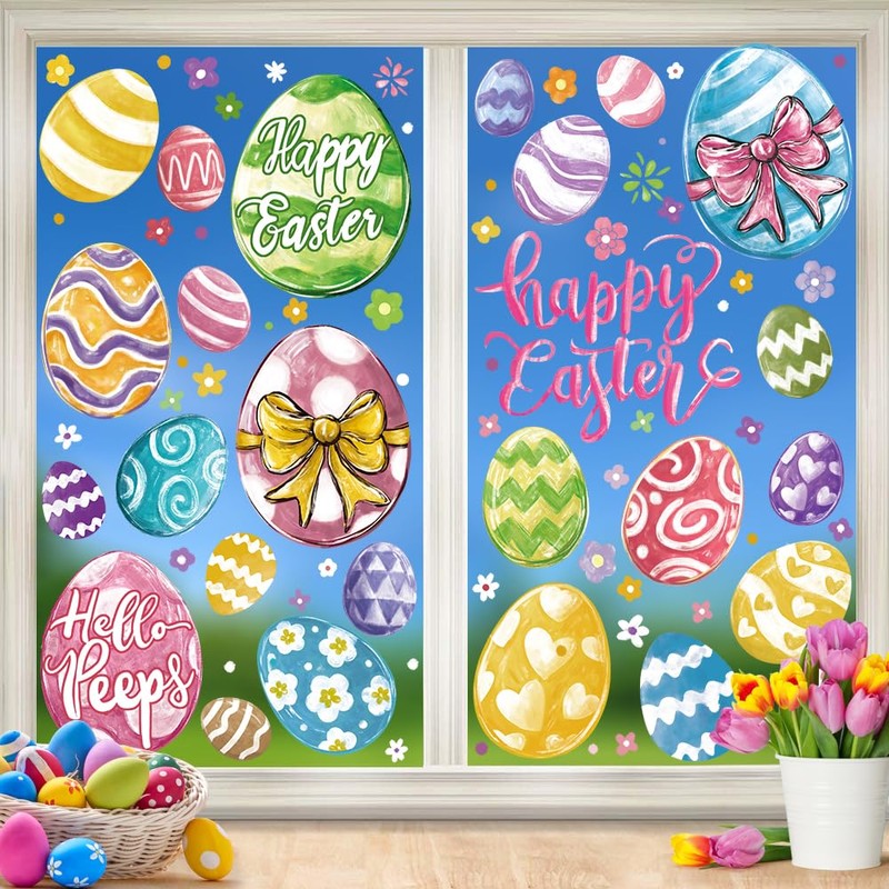 XOYTN 6 Sheets Easter Window Clings，Reusable Double-Sided Easter Egg Window