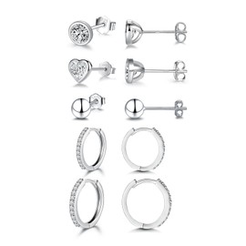 Ecripe 5 Pairs 925 Sterling Silver Small Earring Set for Women, 3 Pairs 14K Gold Mini Stud 2 Pairs Hoop Earrings with Cubic Zirconia, Hypoallergenic Cartilage Sleeper Earrings Set for Girls (Silver)