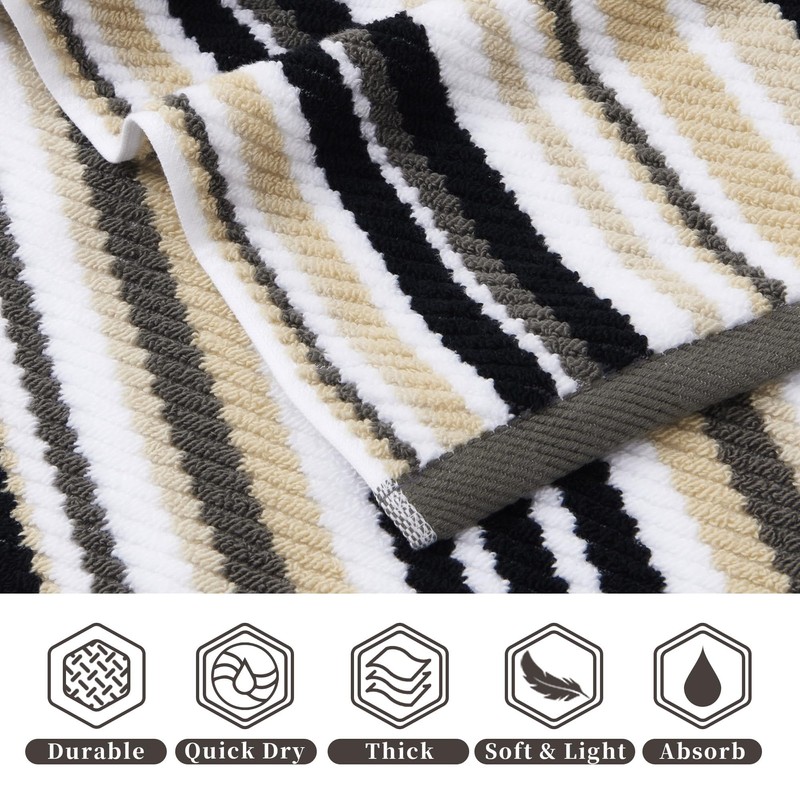 Washcloths 6 Pack, 100% Cotton, 13x13 in, Black Striped