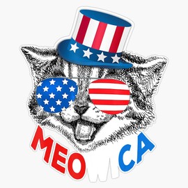 HOF Trading Red White Blue Cat 4Th of July Meowica - American Flag Vinyl Sticker Waterproof Decal Laptop Wall Window Bumper Sticker 5"