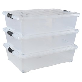 Fiazony 50 L Large Plastic Storage Underbed Container, 3-Pack Clear Under Bed Storage Bins with Wheels