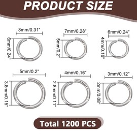 HOBBIESAY 6 Size 1200Pcs Stainless Steel Open Jump Rings 3-8mm Tiny Metal Rings Round Ring Small Split Ring for DIY Bracelet Necklaces Earrings Jewelry Making Findings