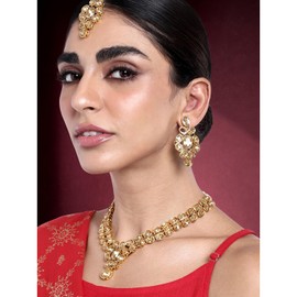 Aheli Ethnic Fashion Gold Plated Gold Color Crystal Necklace with Earring & Maangtikka Jewelry Set Gift for Women