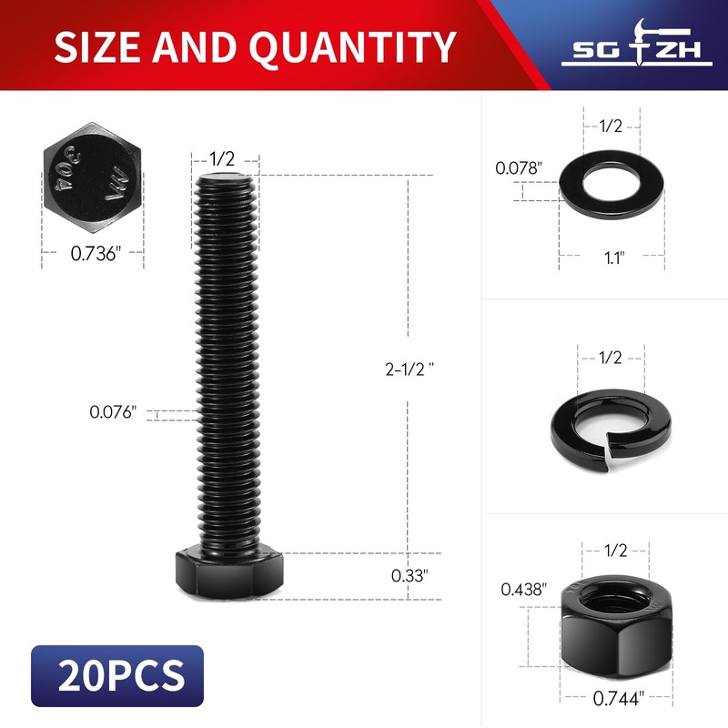 1/2-13 x 2-1/2" Hex Head Screw Bolt, Nuts, Flat &