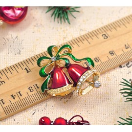 Gyn&Joy Painted Enamel Rhinestone Red Christmas Jingle Bells Brooch Pin