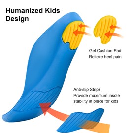Kids Arch Support Orthotics Over-Pronation Plantar Fasciitis Flat Feet PU Foam Inserts Relieve Foot Back Hip Leg and Knee Pain, Gel Cushion for Heel Pain
