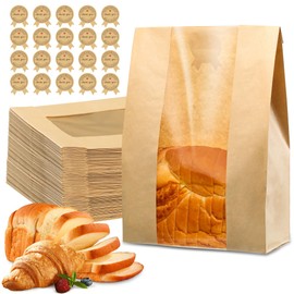 AZLTC 50 Pcs Bread Bags for Homemade Bread, Sourdough Paper Bread Bags With Window, 50% Thicker 13.7x8.2x3.7in A Large Bakery Bags Used for Storage Bread Cookies & Snacks, 60 Cute Sealing Stickers With Ties