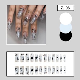 Press on Nails Medium Coffin Shiny Five-Pointed Starr Rhinestones Heart Fake Nails Laser Silvery Glue on Nails Press on Full Cover Stick on Nails Design False Nail for Women Girls DIY Maniture