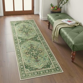 GENIMO 2x5 Hallway Runner Rug Non Slip, Vintage Floral Boho Carpet Runners for Hallway, Slim Kitchen Runner with Rubber Backing, Machine Washable Runner Rug for Entryway, Laundry, Bedroom, Sage Green
