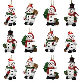 Snowman Hanging Christmas Tree Ornaments - Set of 12 Snowmen with Red, Green and Gold Accents – Four Assorted Designs - Each Measures 1.25" H