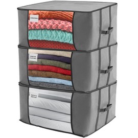NestNeatly Large Capacity Clothes Storage Bag Organizer with Reinforced Handle for Comforters, Blankets, Bedding, Foldable with Sturdy Zipper, Clear Window, 3 Pack, Gray