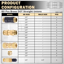 CheeMuii 60 PCS Brass DOT Air Line Fittings Kit DOT Push Lock and Compression Air Fittings Brass Quick Connect Straight Union 1/8" 5/32" 1/4" 3/8" 1/2" 5/8" 3/4" Air Hose Fittings Assortment
