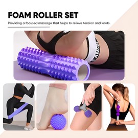 6 in 1 Foam Roller Set - Foam Roller, Muscle Roller Stick, Y-Shape Roller, Massage Ball, Resistance Band - for Deep Tissue Massage, Yoga, Workout Recovery (Purple)