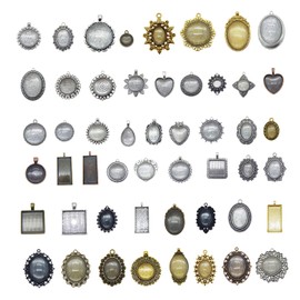 Julie Wang 20 Sets Mixed Antique Color Frame Bezel Blank Pendant with Glass Cover Cabochon - No Duplicates
