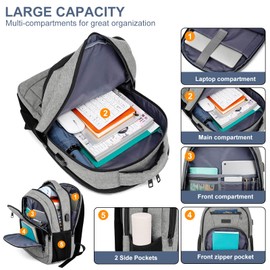 kamater School Backpack for Teens Boys,College Laptop Backpack Schoolbag with USB Port for Students，Computer Bookbag for Men and Women,Gray