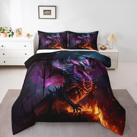 Erosebridal Black Dragon Comforter Set Queen Magic Animal Bedding Set, Magical World Down Comforter Neon Purple Lightning Quilted Duvet, Fire Flames Bed Set Kids 3D Dragon Theme Bedroom Decorations