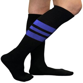 COUVER Unisex Striped Knee High Softball Baseball Team Sports Sock, Black / 3 Blue Stripes, Small, 1 Pair