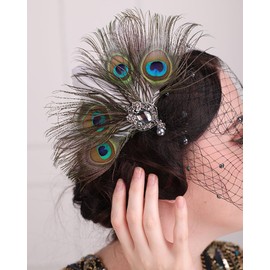Rumtock Peacock and Black Rhinestones Beads Flapper Accessories Fascinator with Removable Veil Tea Party Cocktail 20s Jewelry (Small)