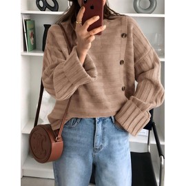 PRETTYGARDEN Womens Sweaters Fall 2024 Casual Long Sleeve Crewneck Button Loose Winter Knit Pullover Sweater Tops (Khaki,Large)