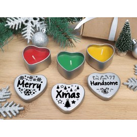 Gift In Can Merry Christmas Handsome Set of 3 Silver Mini Heart Tins Tealight Style Candles. Ideal Secret Santa Gift and Christmas Dinner Place Settings. (Handsome)
