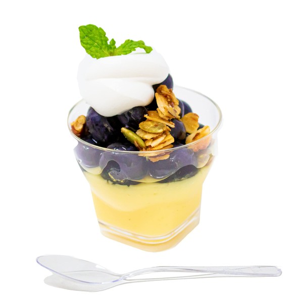 CMJJ Gourmet Inc. 48 Pack 2.8 oz. Rum Shot Mini Dessert Parfait Cup with Spoons Professional-Grade Recyclable Transparent Clear Durable Disposable Plastic for Wedding, Banquets, Buffets