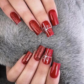 Pack of 24 Red Christmas Nails with Bow, Press on Nails, Short, Press On Nails, Squoval Artificial Nails with Nail Glue, Natural Fake Nails for Women, Nail Art, DIY (Red Bow, 12 Sizes)