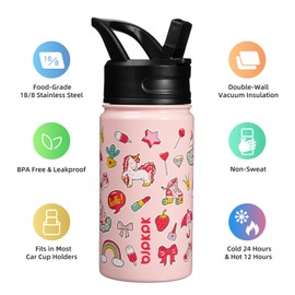 BJPKPK Botella de agua aislada con tapa de popote, botellas de agua de metal de acero inoxidable de 15 onzas, botellas de agua reutilizables a prueba de fugas, sin BPA, tazas, termo, unicornio