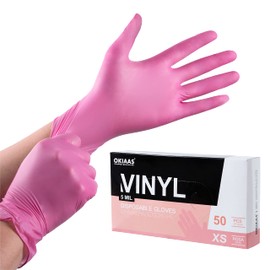 OKIAAS Pink Disposable Gloves X-Small, Vinyl Gloves Disposable Latex Free, 5 mil, 50 Count, for Food Prep, Household Cleaning, Hair Dye, Tattoo