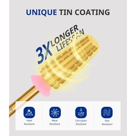 AIRSEE Tungsten Carbide 5 in 1 Acrylic Nail Drill Bit Efile Electric File Machine Head Tip for Manicure Polishing Fast Remove Gel 3/32" Shank 2 Way Professional Tech Use Gold TiN 3X Coarse-3XC+2XC+XC