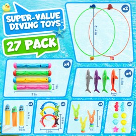 Dive Rings Pool Toys Adults, 27 Pcs Diving Toys for Kids Ages 4-8, Shark Torpedo Dive Set, Octopus Toddler Water Fun Toys, Summer Essentials Underwater Swimming Throwing Gifts for Boys & Girls