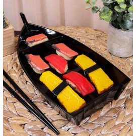 Ebros Japanese Traditional Black Sushi Boat Serving Plate 12"Long Restaurant Grade Plastic Lacquer Oriental Culture Omakase Sashimi Dinnerware Party Hosting Display Boat (2)