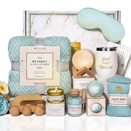 AHAGIFTREE Birthday Gifts for Women Self Care Gifts Get Well Soon Gifts Baskets with moon lamp for Women After Surgery,11PC Spa,Thinking of You Gift, Care Package for Mom Friend (turquoise)