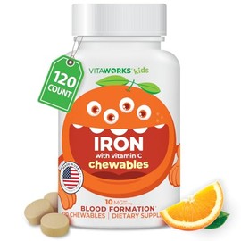 Suplementos de hierro para niños, tabletas masticables con vitamina C, 10 mg de fumarato ferroso, sabor a naranja, sin OMG, vegano, sin gluten y sin n
