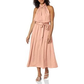 Anne Klein Womens Twist Neck Halter Midi W/Sash Dress, Cameo Pink, Medium US