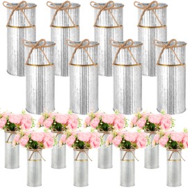 Mimorou 8 Pcs 7.48 Inch Vases for Centerpieces Galvanized Metal Flower Vase with Twine Bow Rustic Vintage Wedding Mason Jars Farmhouse Tin Bucket Decor for Artificial Flowers Home Table (Silver)