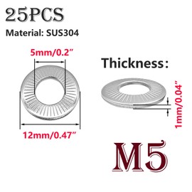 Ctyjia Pack of 25 Flat Washers M5 Knurled Spring Washers Belleville Spring Washers 304 Stainless Steel Wedge Lock Washers for Bolts and Nuts